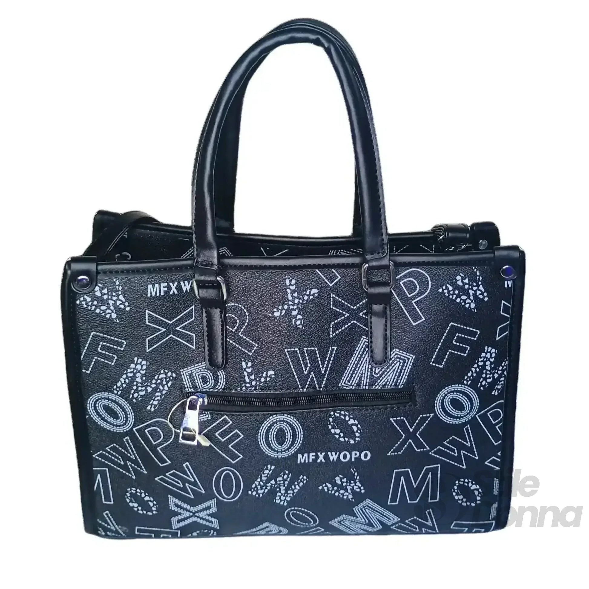 Stile Donna borsa a mano ecopelle nera con stampa decorativa – vista laterale