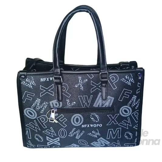 Stile Donna borsa a mano ecopelle nera con stampa decorativa – vista laterale