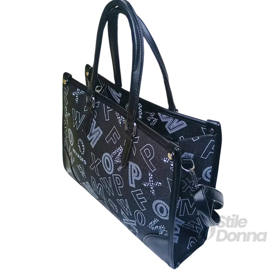 Stile Donna borsa a mano ecopelle nera stampa decorativa tote – dettaglio esterno