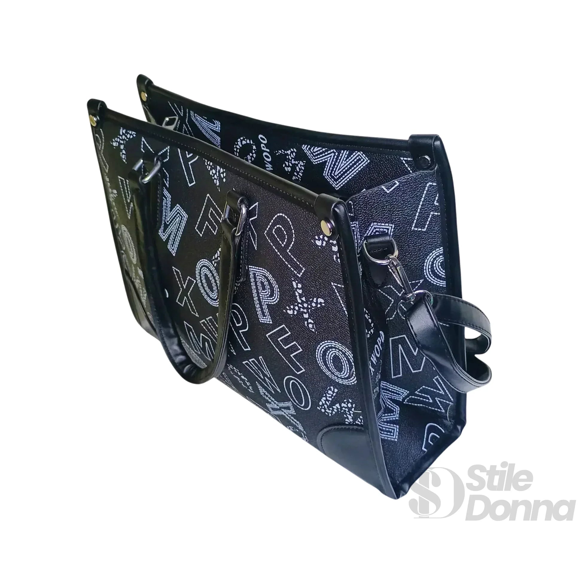 Stile Donna borsa a mano ecopelle nera con stampa e tracolla – vista posteriore