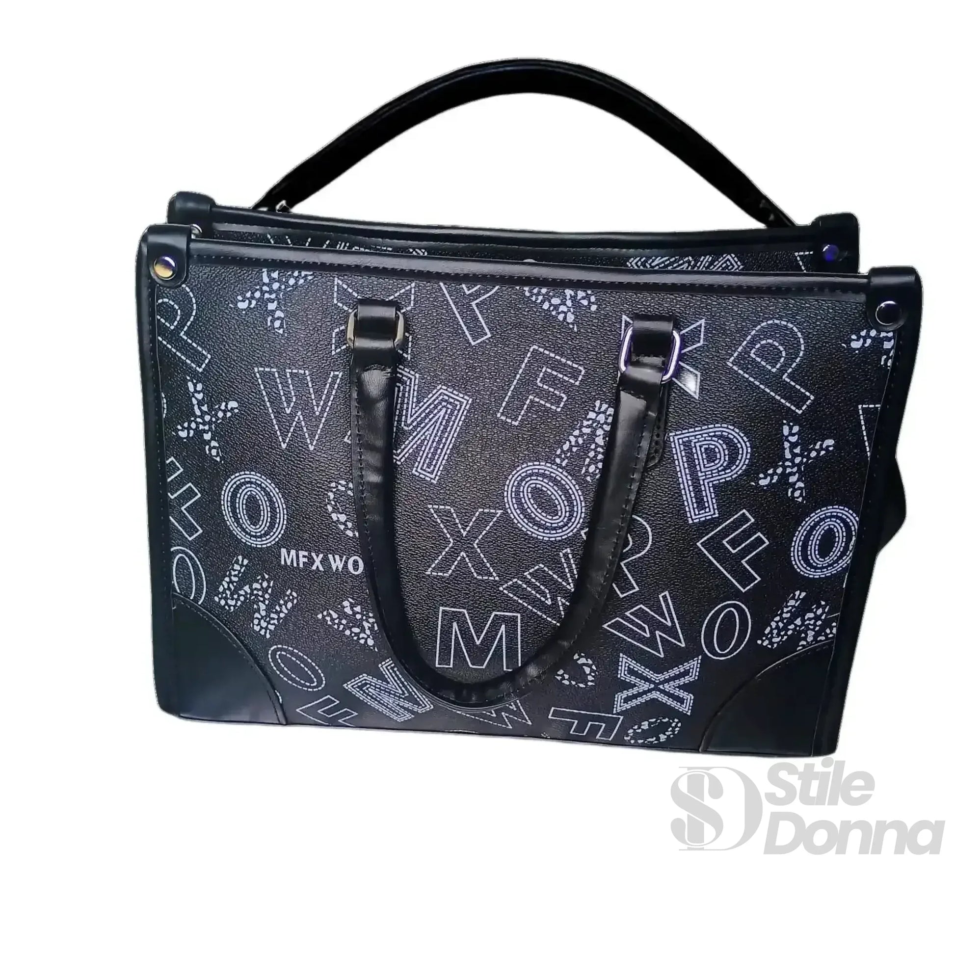 Stile Donna borsa a mano ecopelle nera con stampa decorativa – interno e tasche