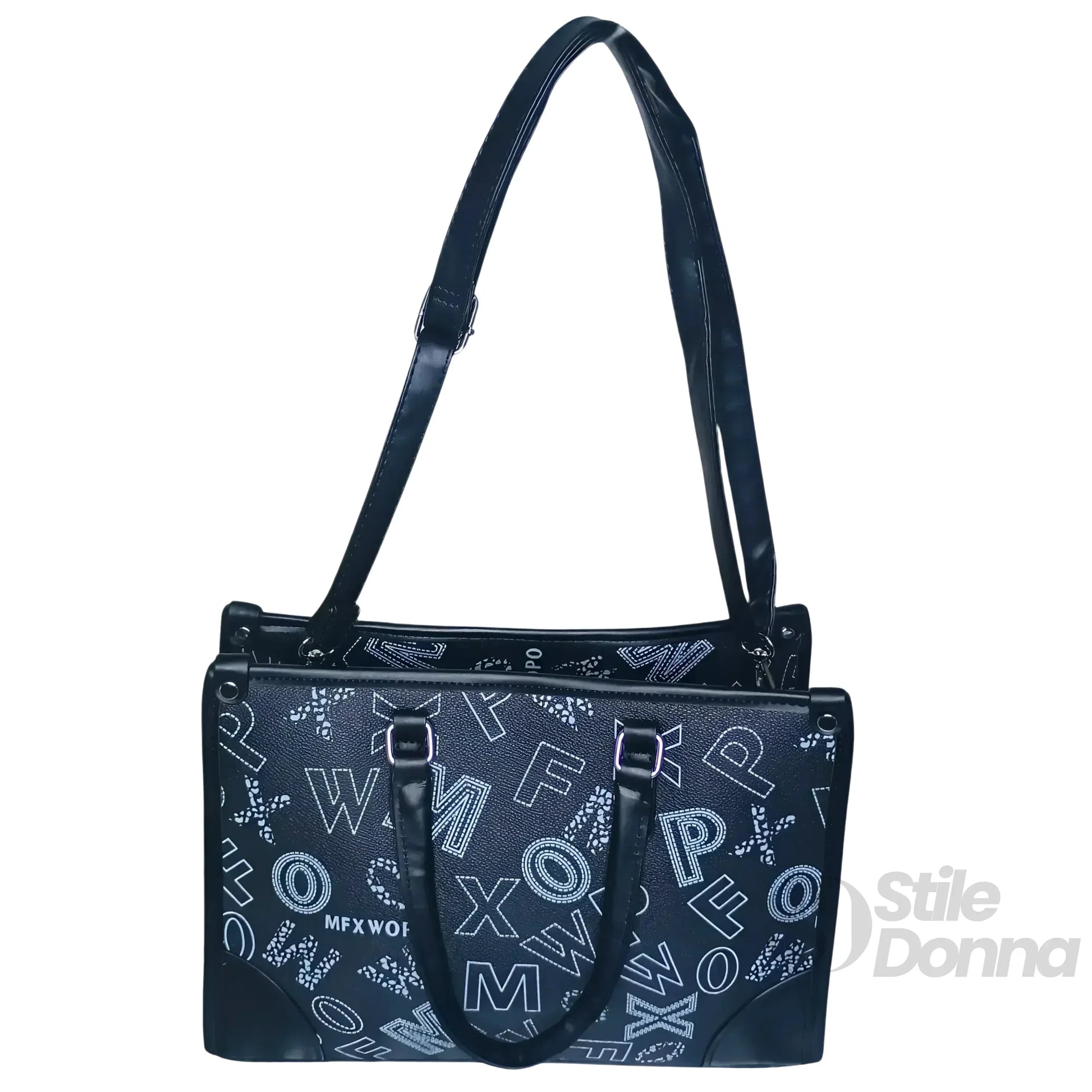 Stile Donna borsa a mano ecopelle nera con stampa e tracolla donna – borsa indossata