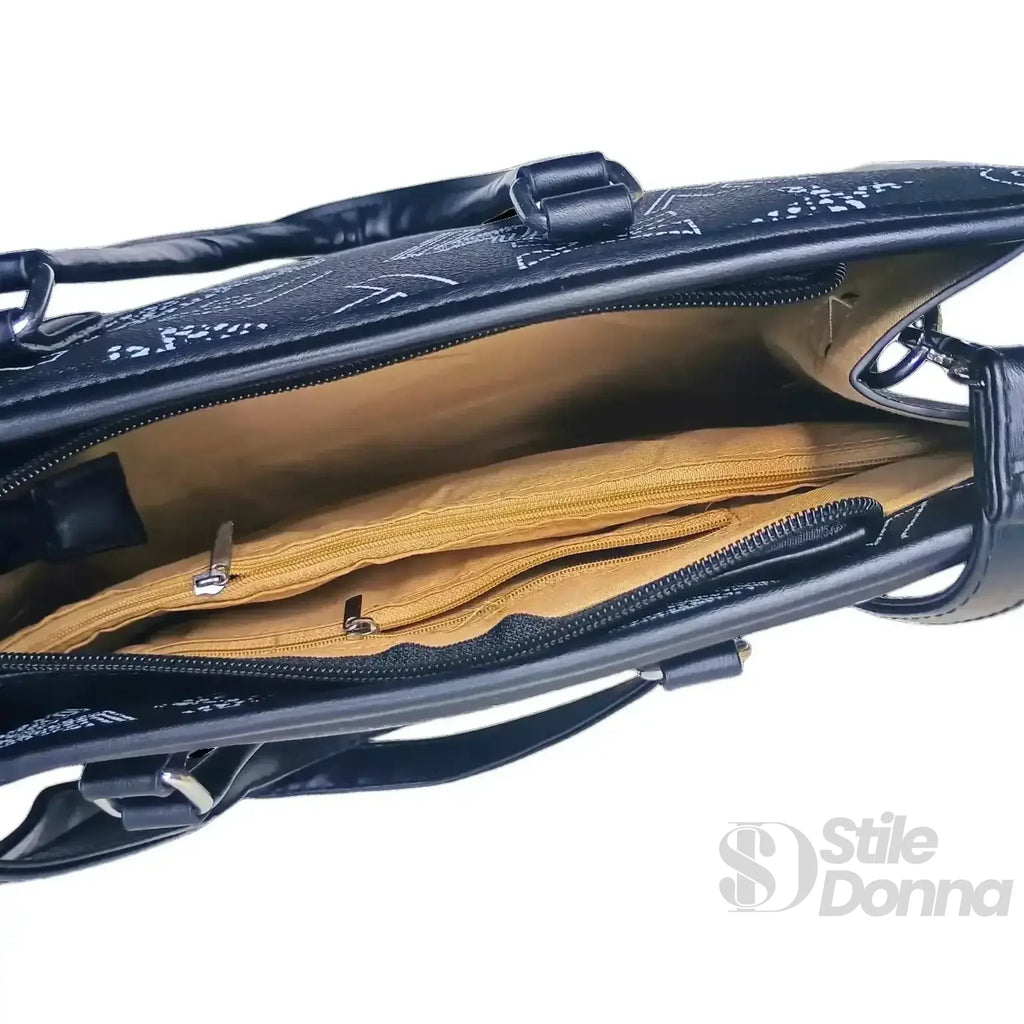 Stile Donna borsa a mano ecopelle nera stampa decorativa – dettaglio chiusura
