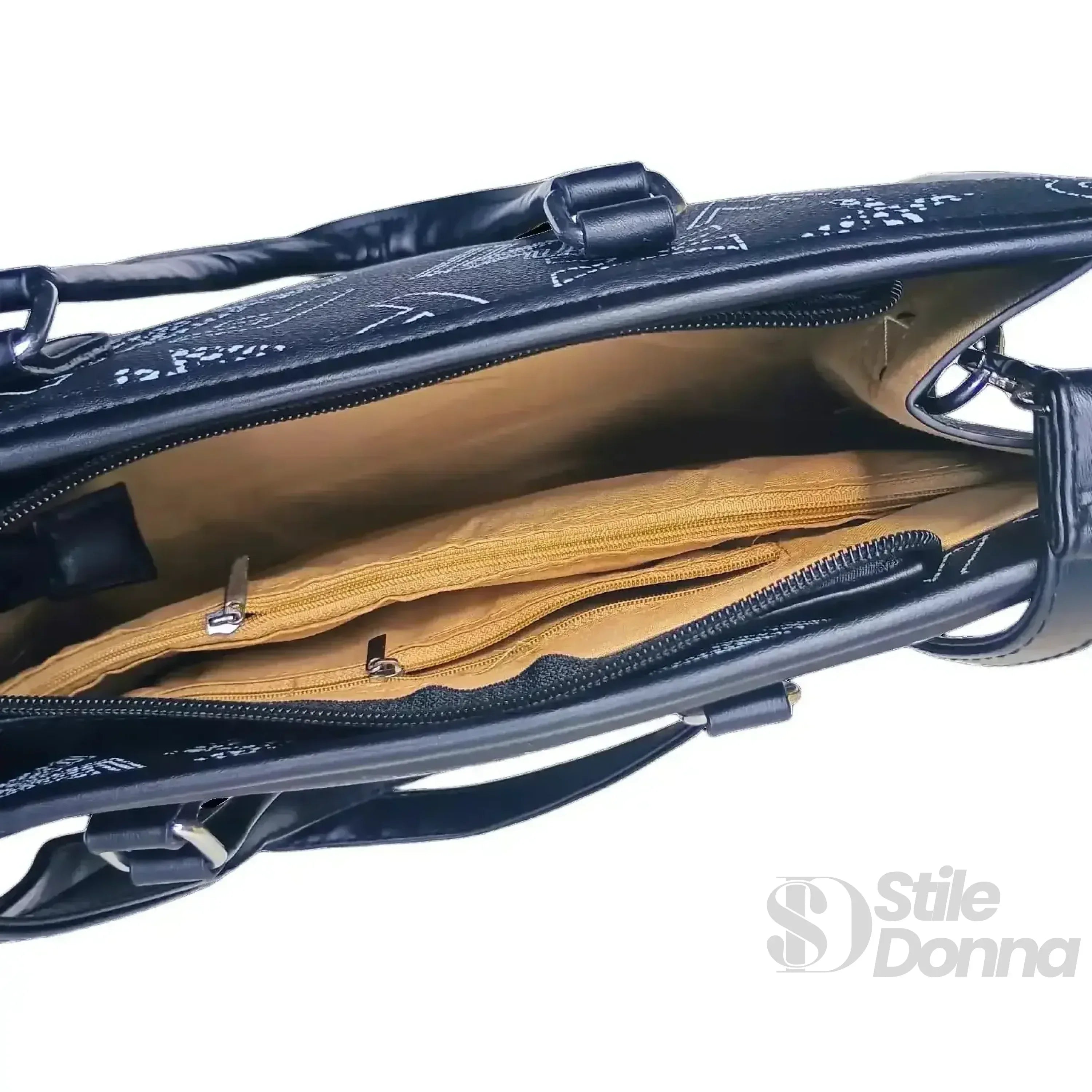 Stile Donna borsa a mano ecopelle nera stampa decorativa – dettaglio chiusura