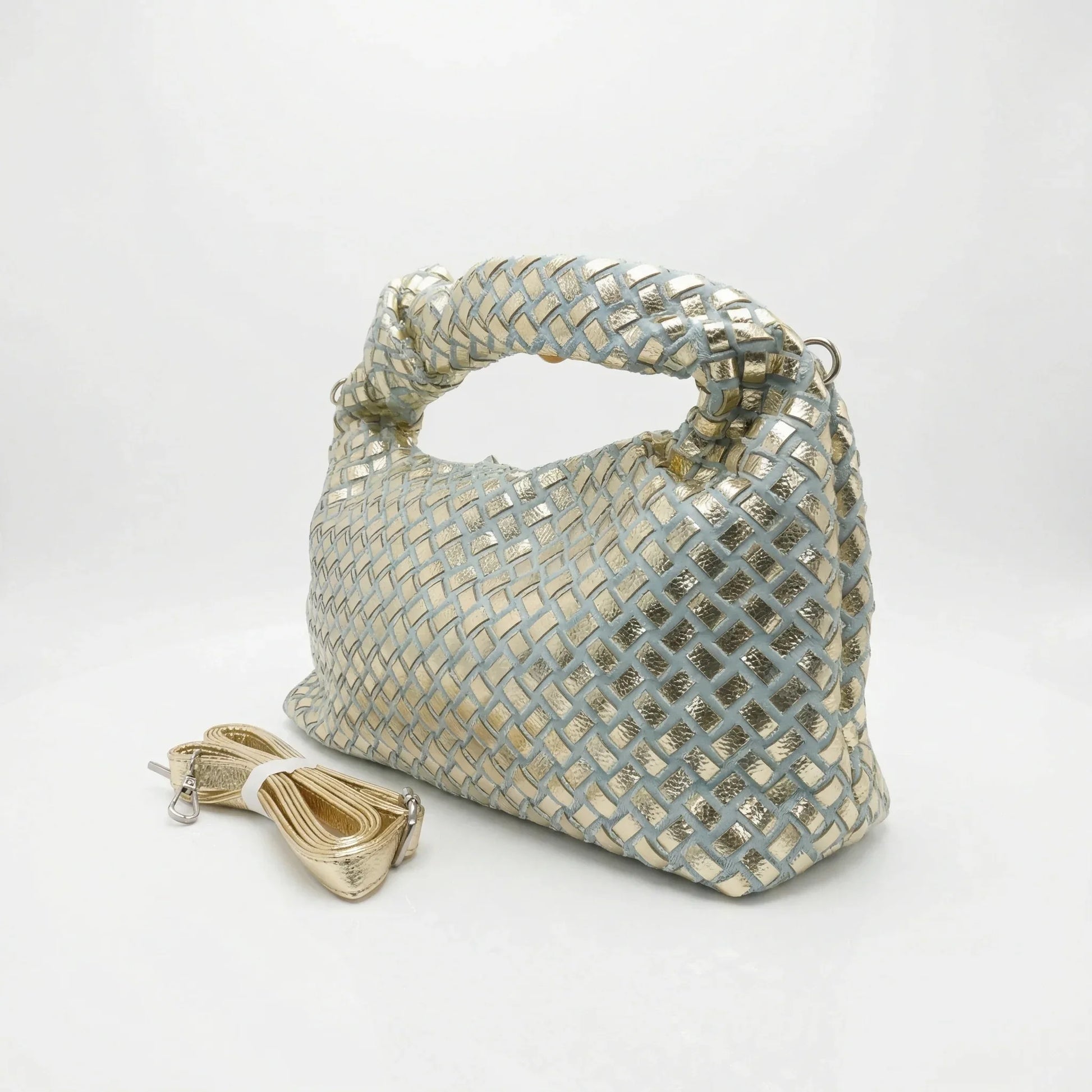 Stile Donna borsa a mano ecopelle argento con manico a nodo – interno e tasche