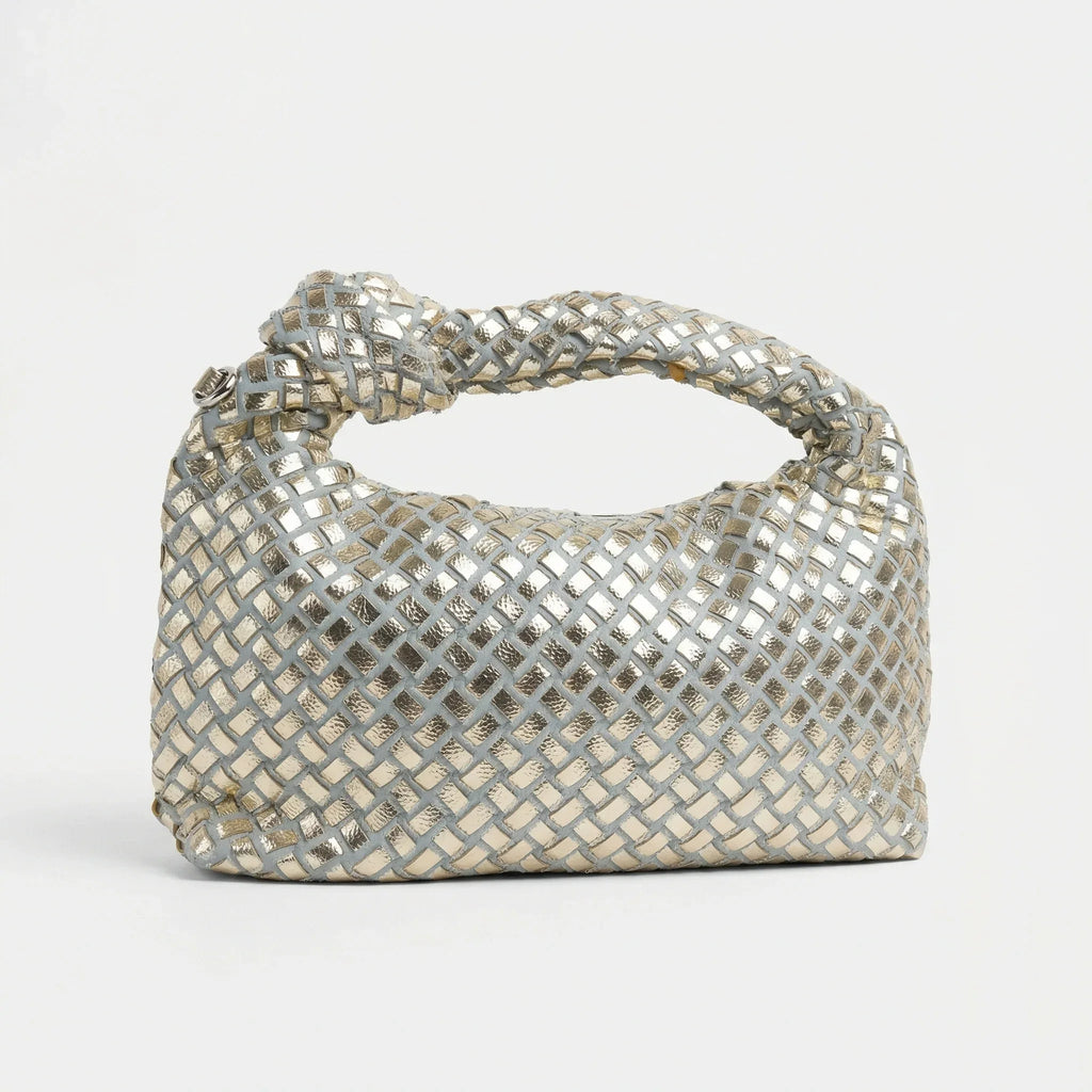 Stile Donna borsa a mano ecopelle argento e oro con manico a nodo intrecciato donna – vista frontale