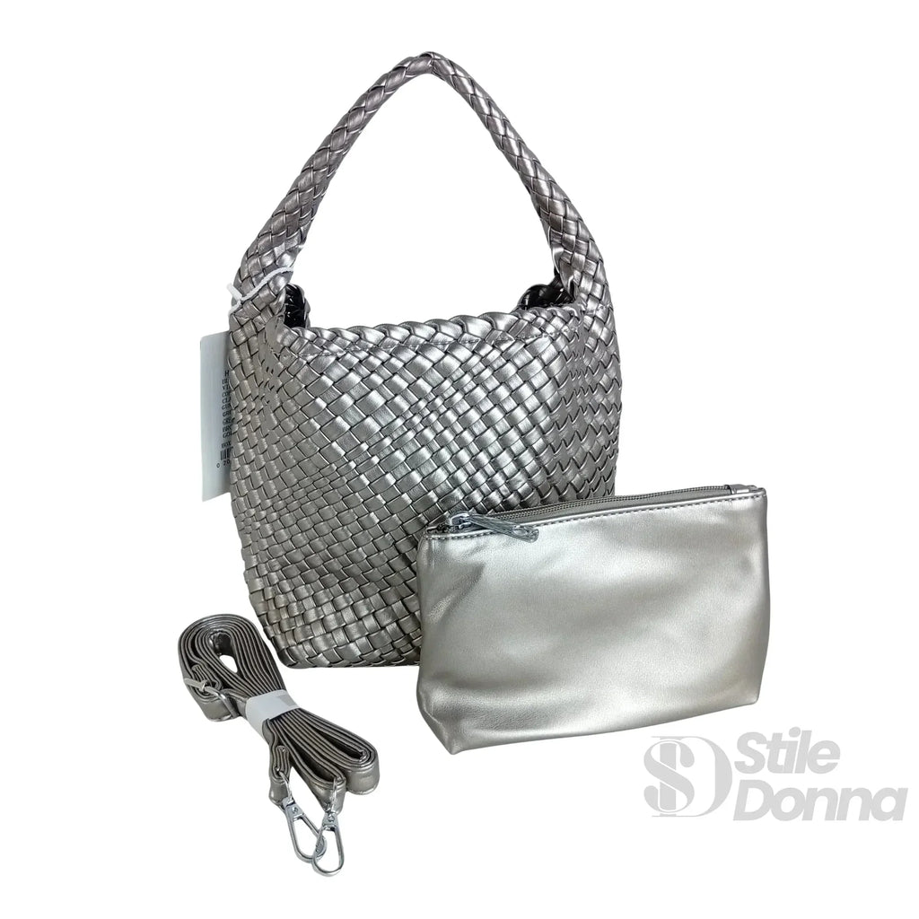 Stile Donna borsa a mano ecopelle intrecciata con tracolla regolabile – vista laterale