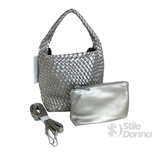 Stile Donna borsa a mano ecopelle intrecciata con tracolla regolabile – vista laterale