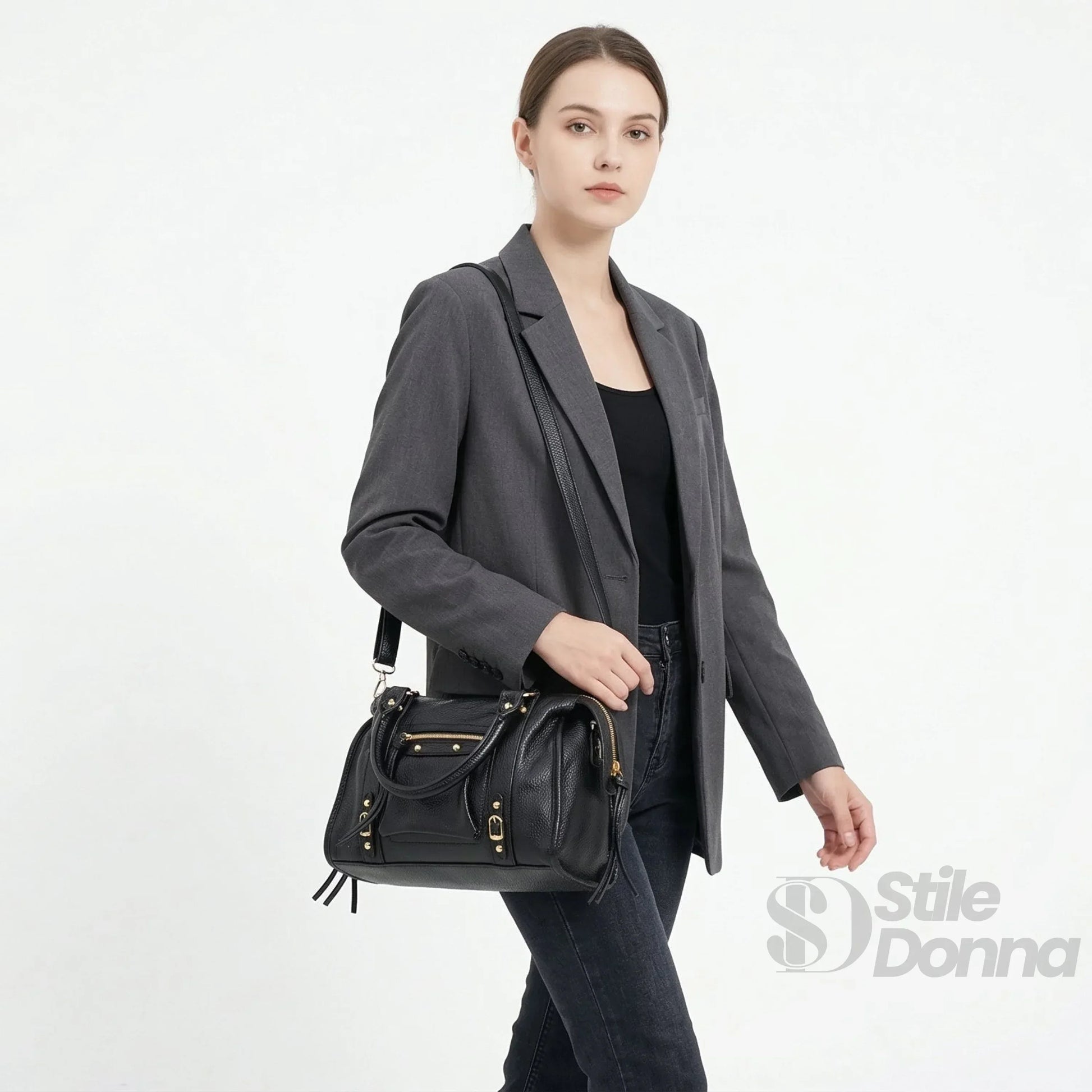 Borsa In Ecopelle Con Ferrure Dorata | Vista laterale | ecopelle | Nero