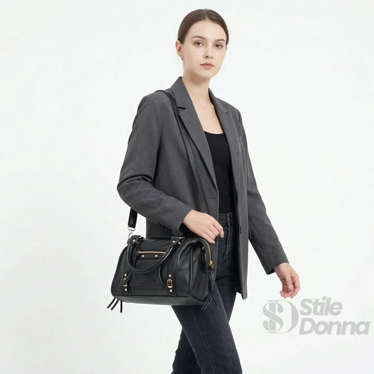 Borsa In Ecopelle Con Ferrure Dorata | Vista laterale | ecopelle | Nero