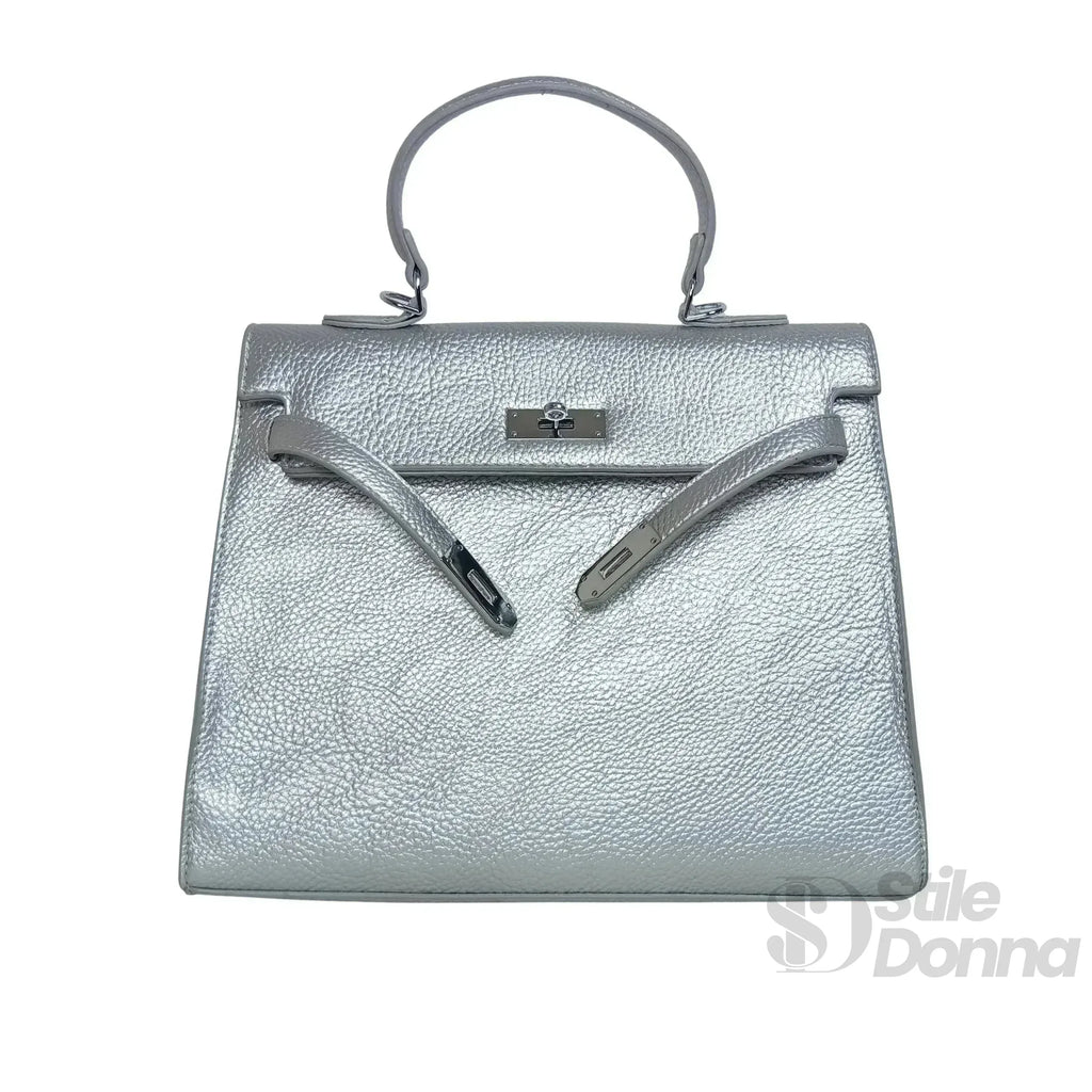 Stile Donna borsa a mano ecopelle gialla con dettagli argentati – dettaglio chiusura