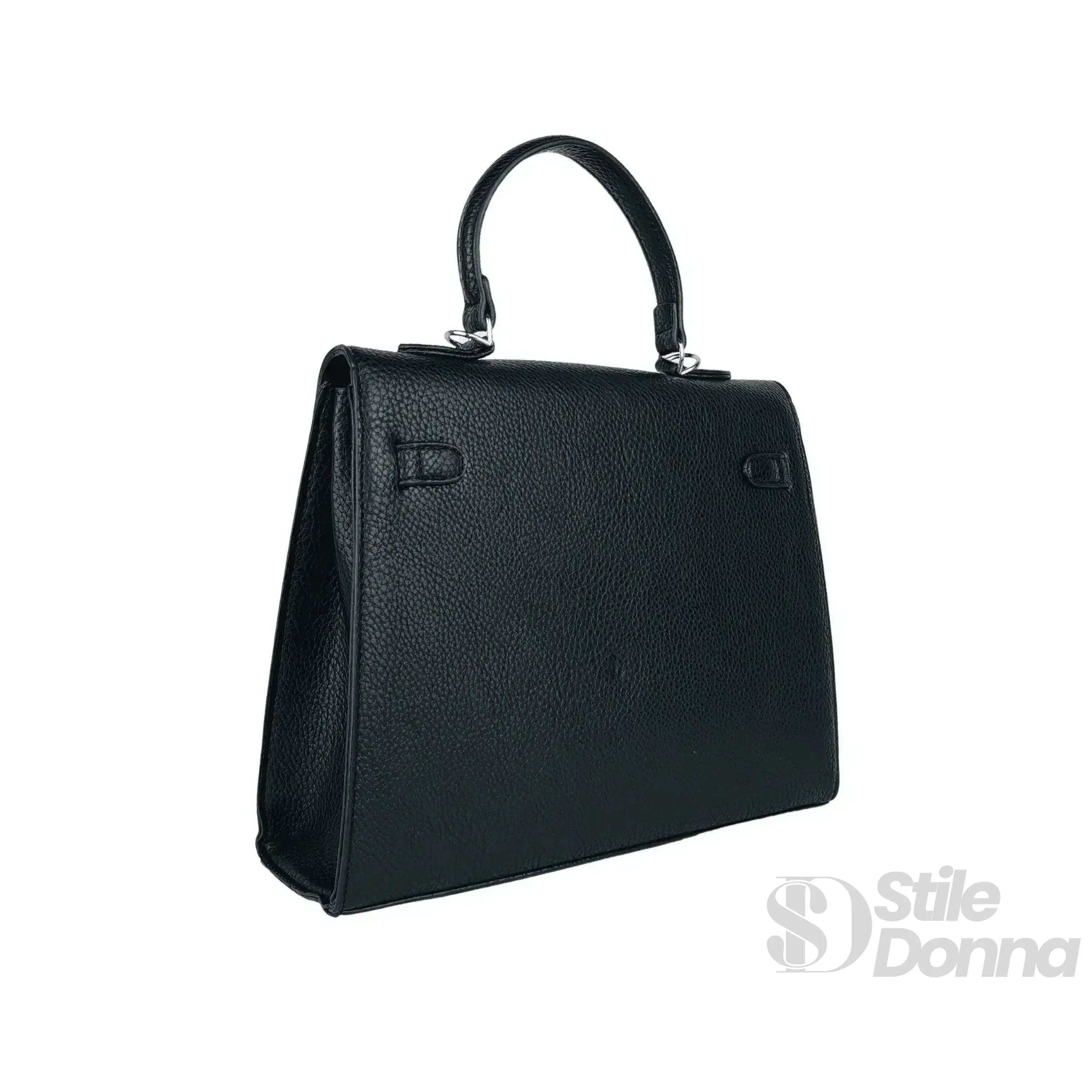 Stile Donna borsa a mano ecopelle gialla nera con dettagli argentati – vista dall'alto
