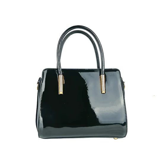 Stile Donna borsa a mano ecopelle verniciata lucida nera con dettagli dorati – vista laterale