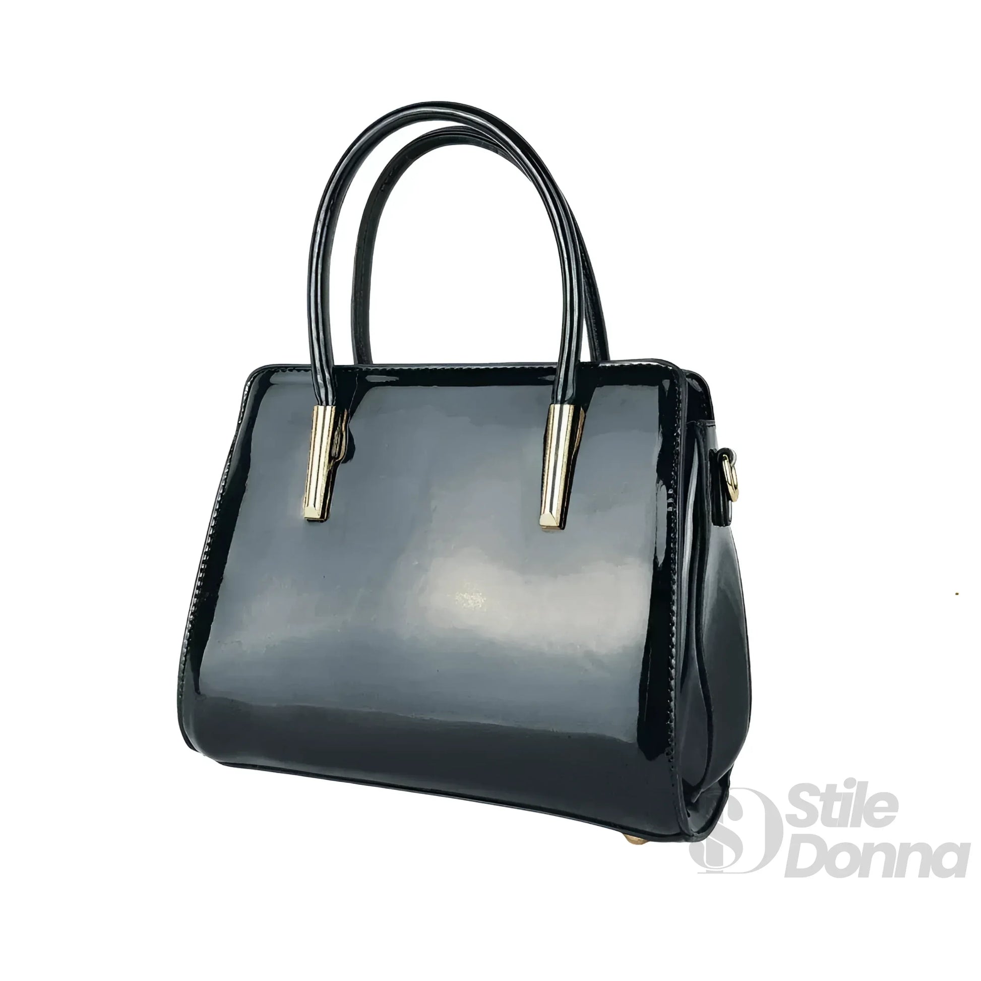 Stile Donna borsa a mano ecopelle verniciata lucida nera – dettaglio chiusura