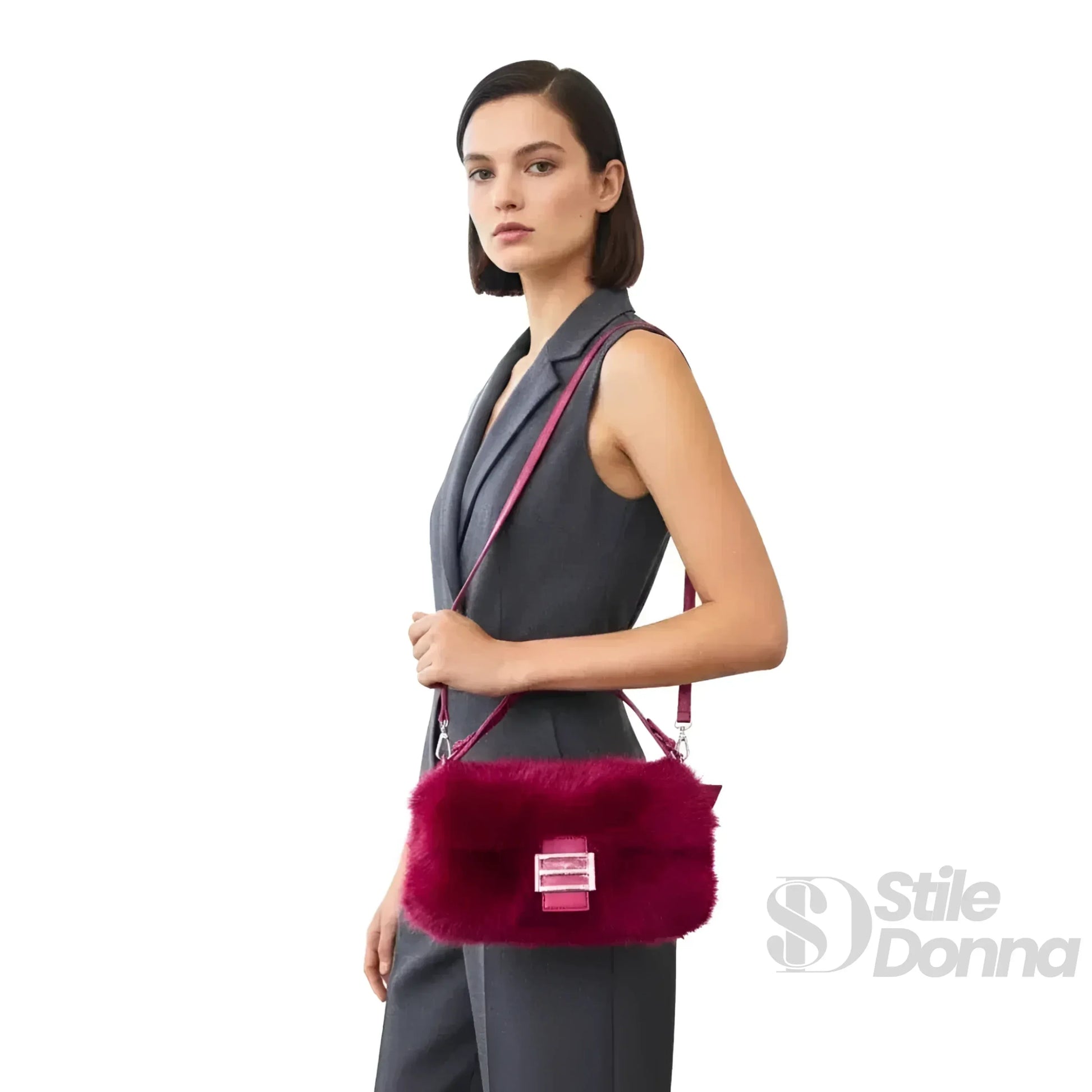 Stile Donna borsa a mano pelliccia sintetica fucsia con manico – vista laterale