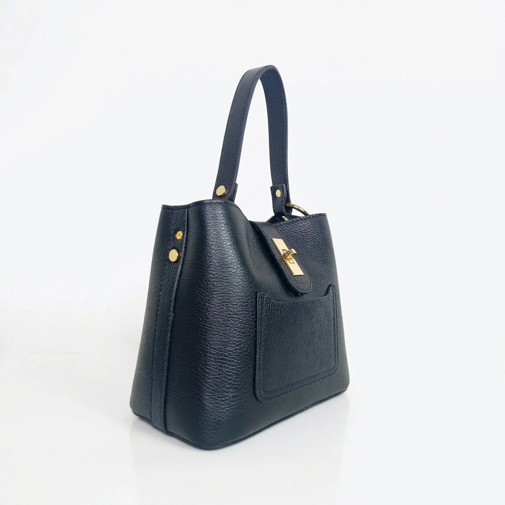 Stile Donna borsa a mano vera pelle italiana dettagli dorati – vista laterale