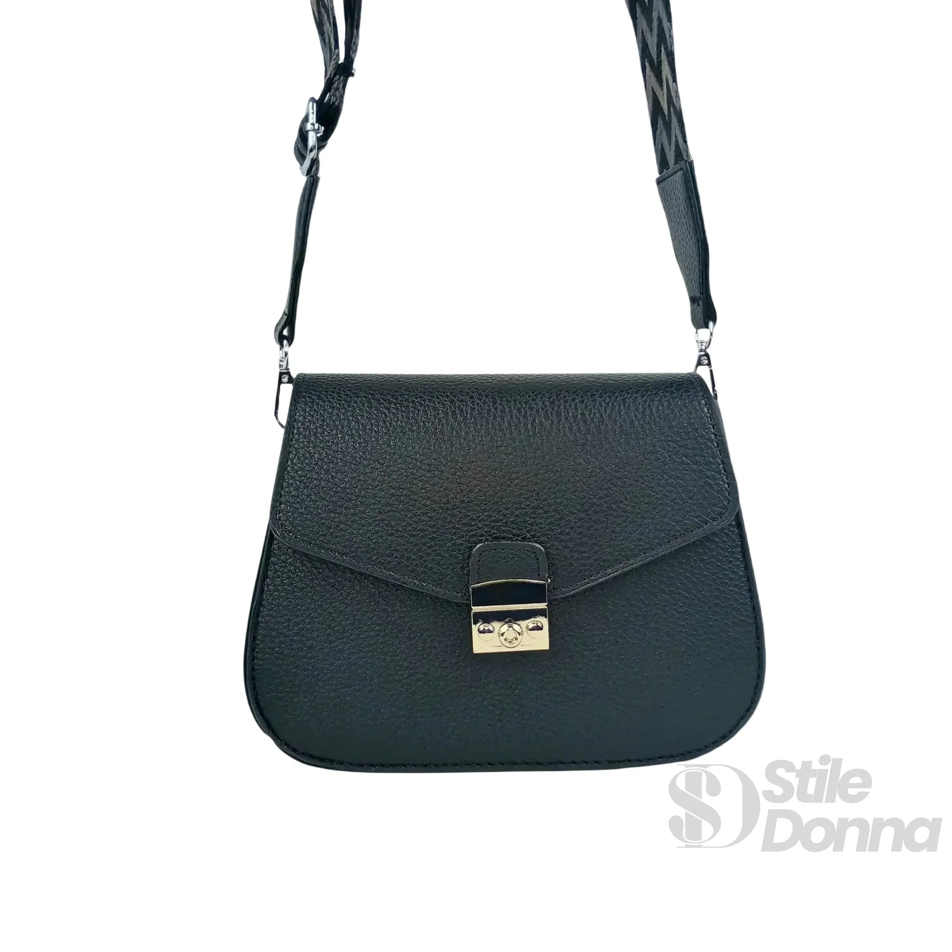 Stile Donna borsa a patta ecopelle nera con chiusura argento – vista posteriore