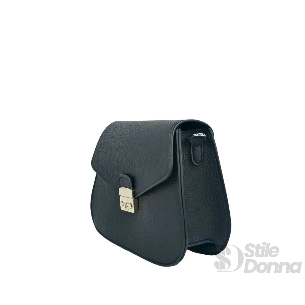 Stile Donna borsa a patta ecopelle nera con chiusura argento – interno e tasche