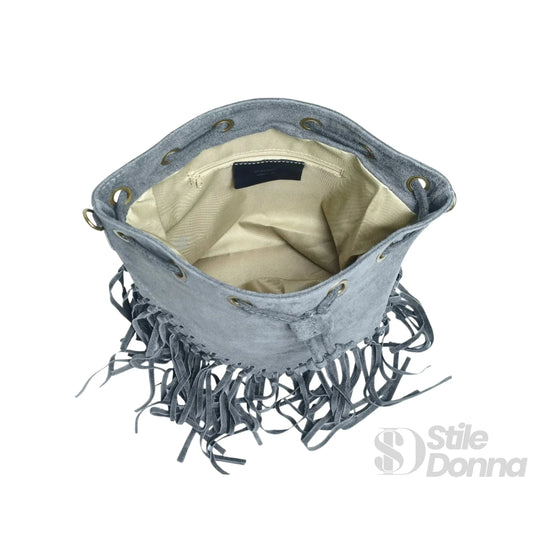 Stile Donna borsa secchiello pelle scamosciata grigia suede con frange – vista posteriore