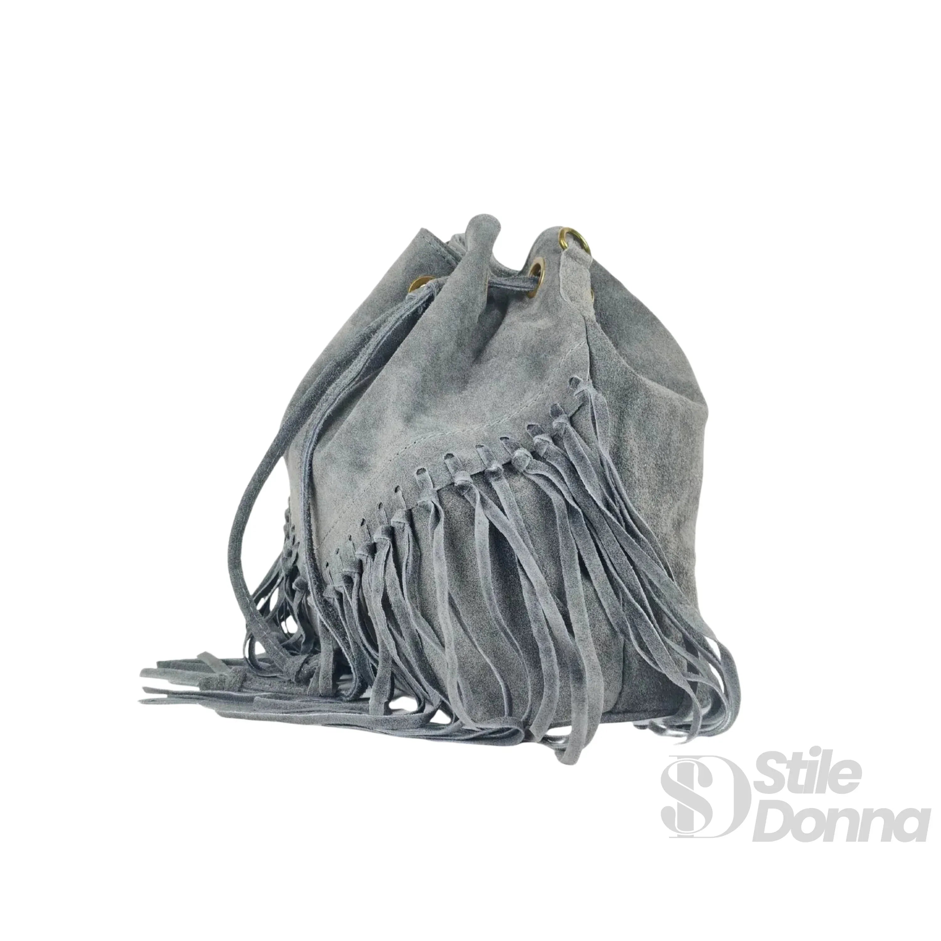 Stile Donna borsa secchiello pelle scamosciata con frange suede – interno e tasche