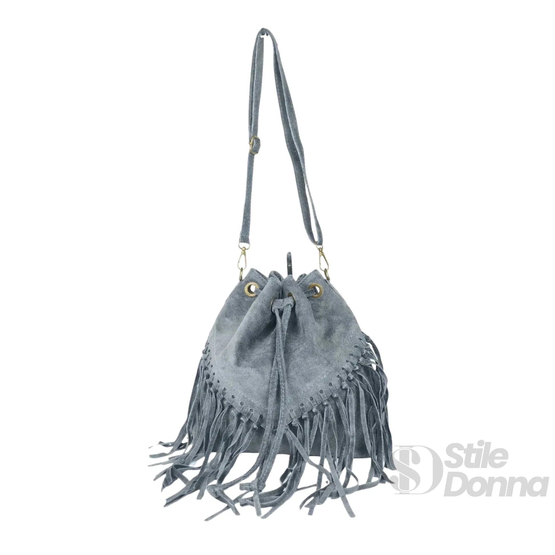 Stile Donna borsa secchiello pelle scamosciata grigia con frange – dettaglio manico