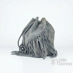 Borsa a Secchiello in Pelle Scamosciata con Frange e Tracolla Regolabile - Stile Donna Bags