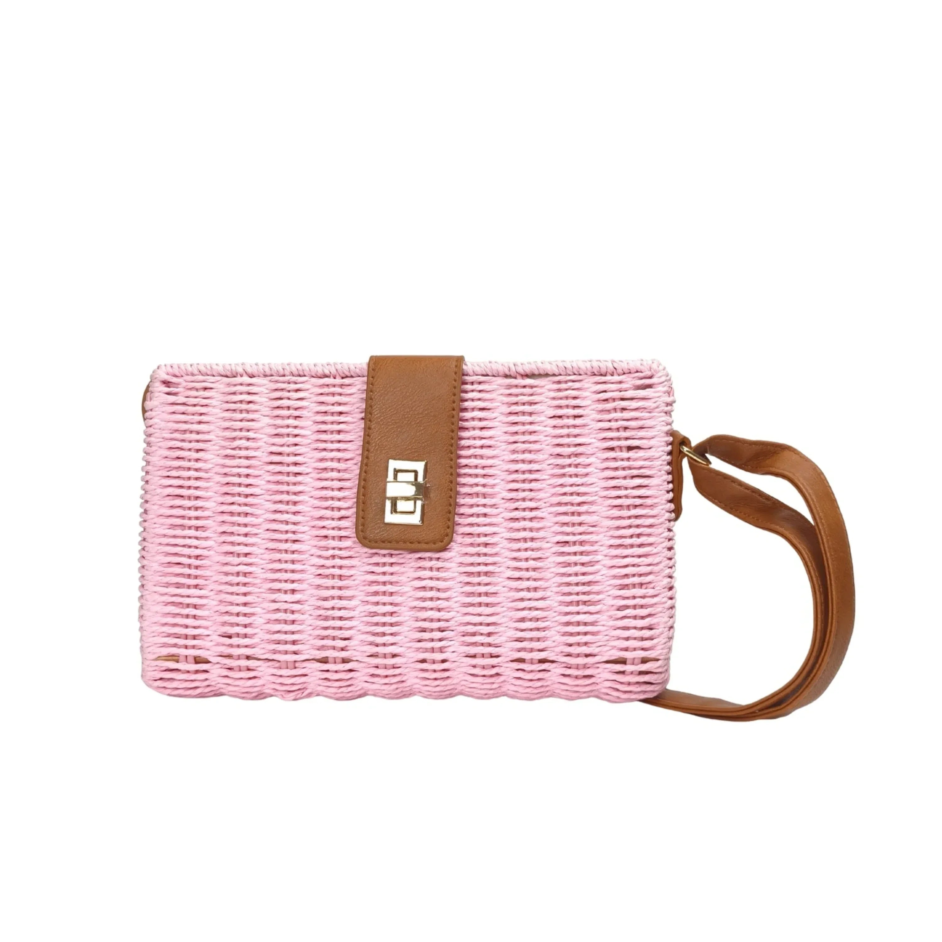 Stile Donna borsa a spalla paglia intrecciata con tracolla PU dettagli dorati – vista frontale