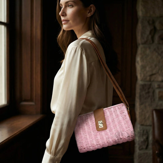 Stile Donna borsa a spalla paglia intrecciata tracolla PU dorata rosa – vista laterale