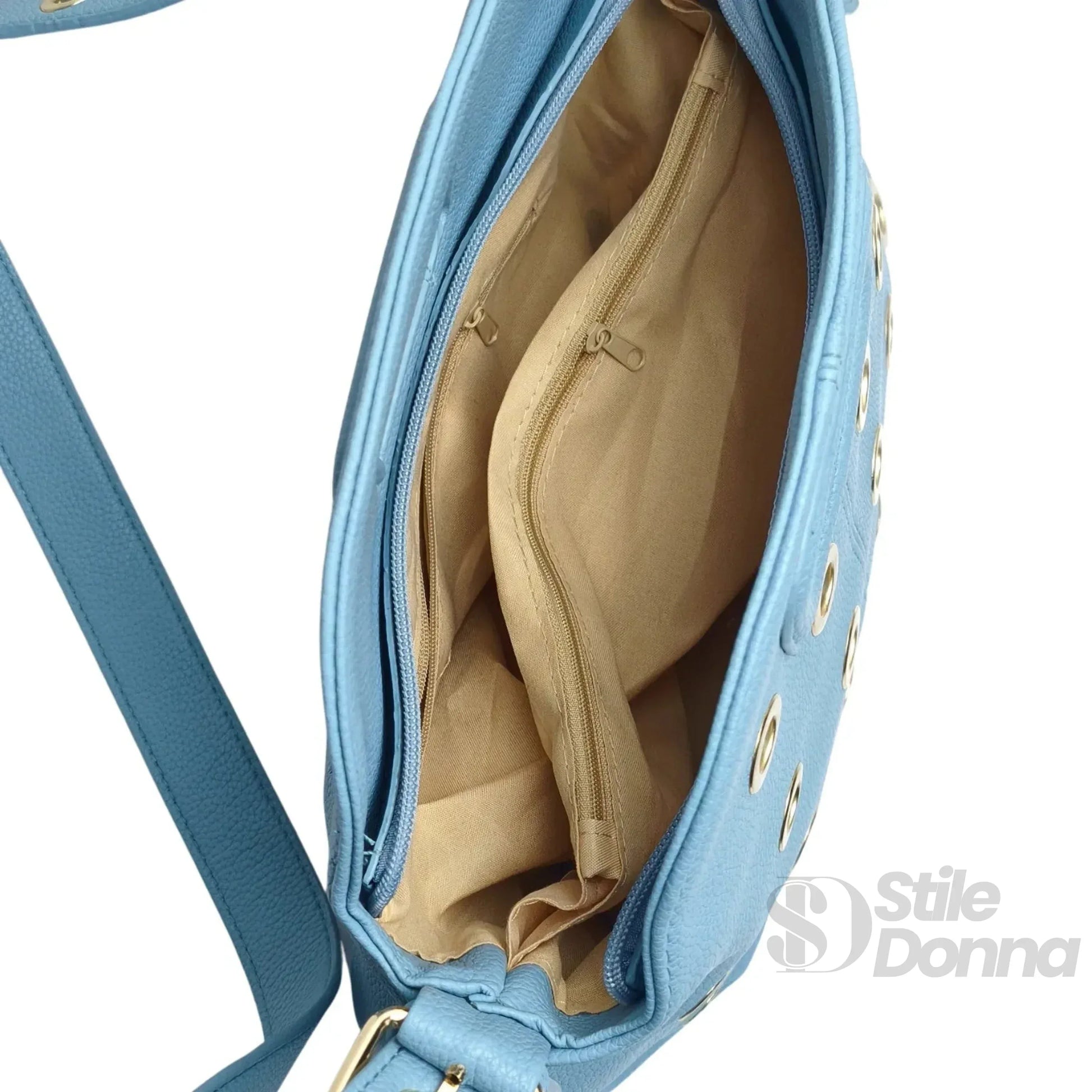 Stile Donna borsa a spalla ecopelle finta nera con occhielli – con accessori abbinati