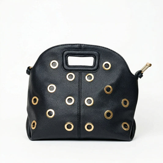 Stile Donna borsa a spalla ecopelle nera con occhielli circolari dorati – vista posteriore