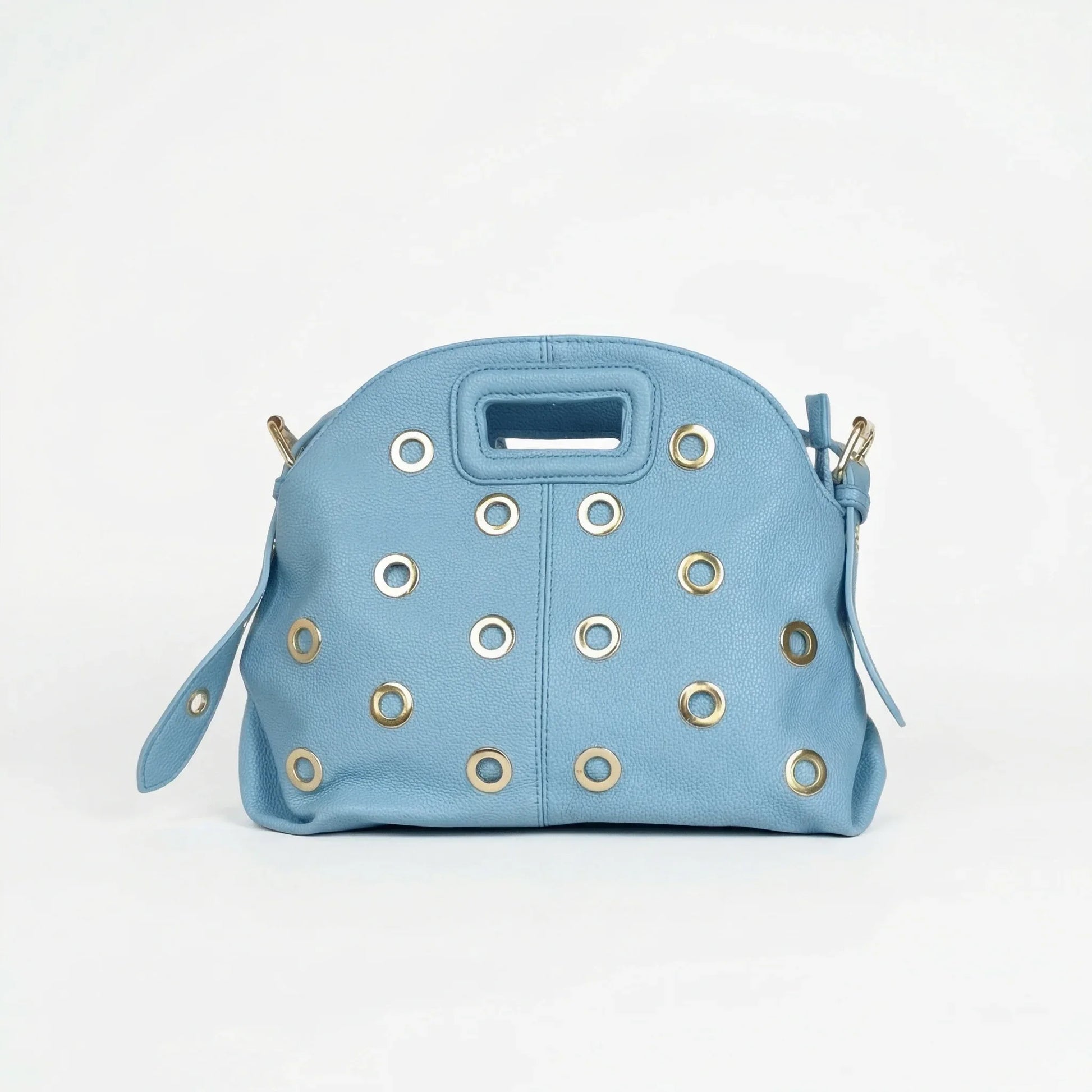 Stile Donna borsa a spalla ecopelle blu con occhielli circolari dorati – vista laterale