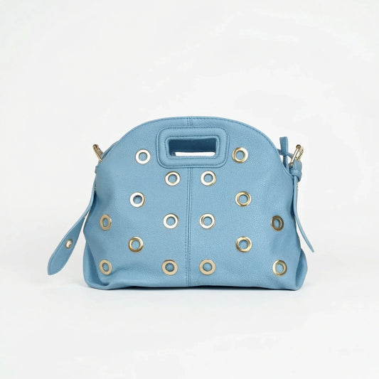 Stile Donna borsa a spalla ecopelle blu con occhielli circolari dorati – vista laterale