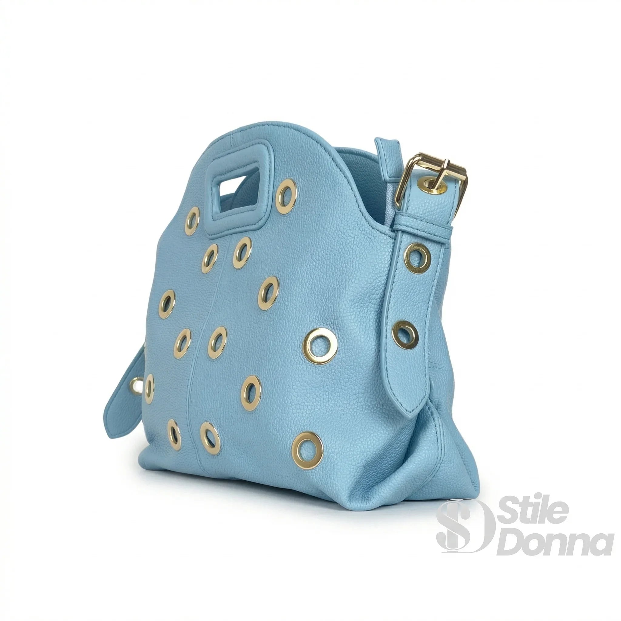 Stile Donna borsa a spalla ecopelle nera occhielli circolari donna – borsa indossata