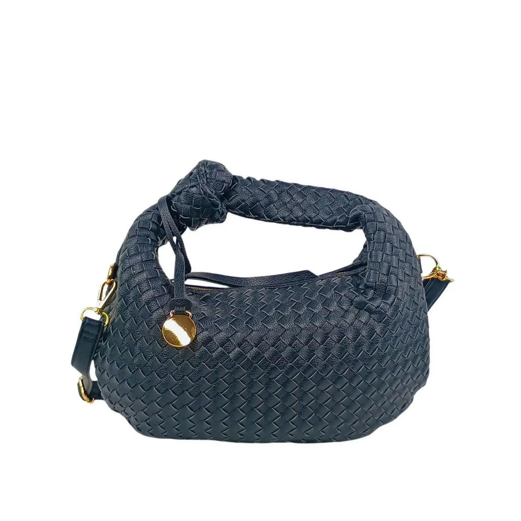 Stile Donna borsa a spalla ecopelle intrecciata nera con manico a nodo accessori dorati – vista frontale