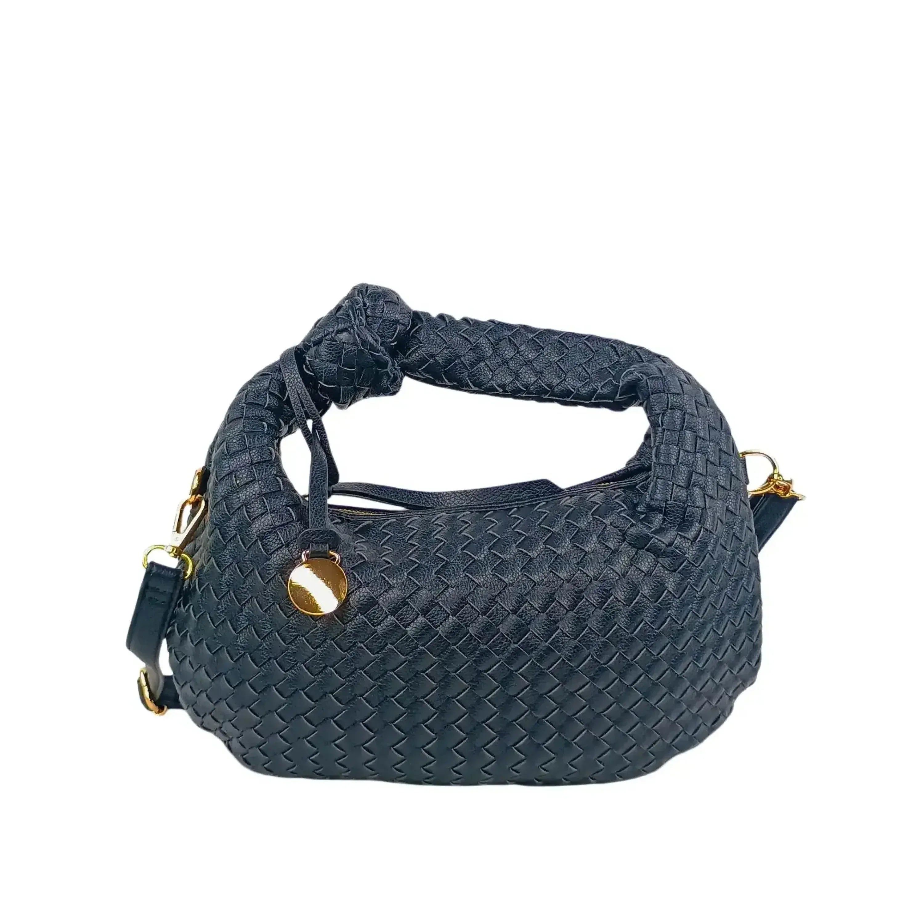 Stile Donna borsa a spalla ecopelle intrecciata nera con manico a nodo accessori dorati – vista frontale
