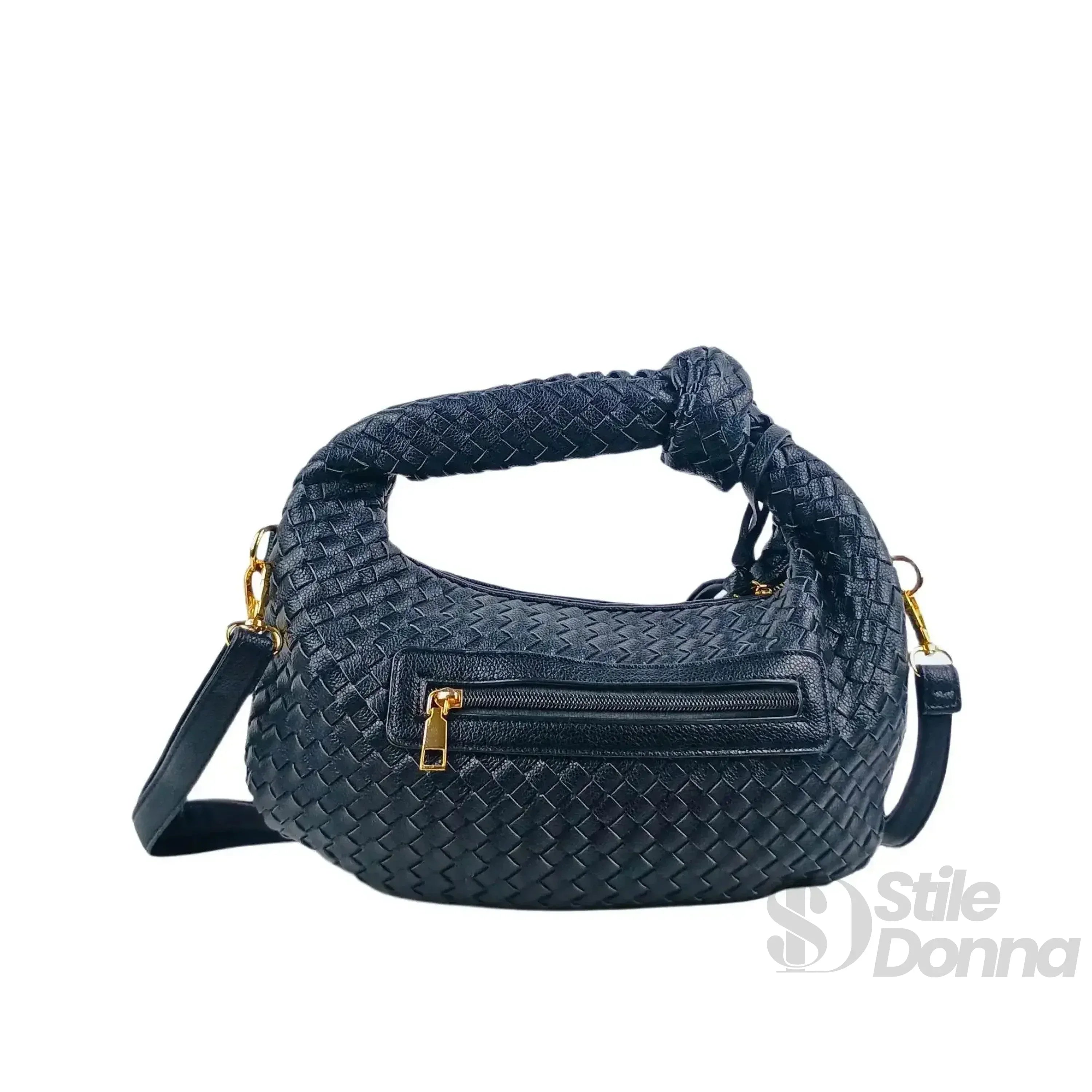 Stile Donna borsa a spalla ecopelle intrecciata beige manico a nodo – dettaglio esterno