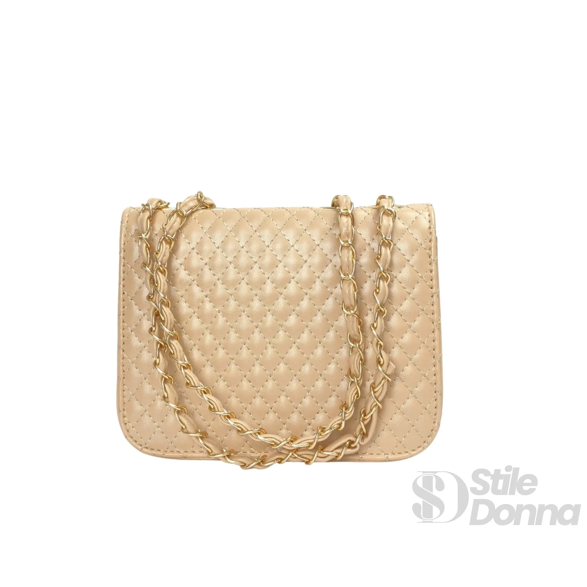Stile Donna borsa a tracolla ecopelle beige imbottita catena intrecciata – vista posteriore