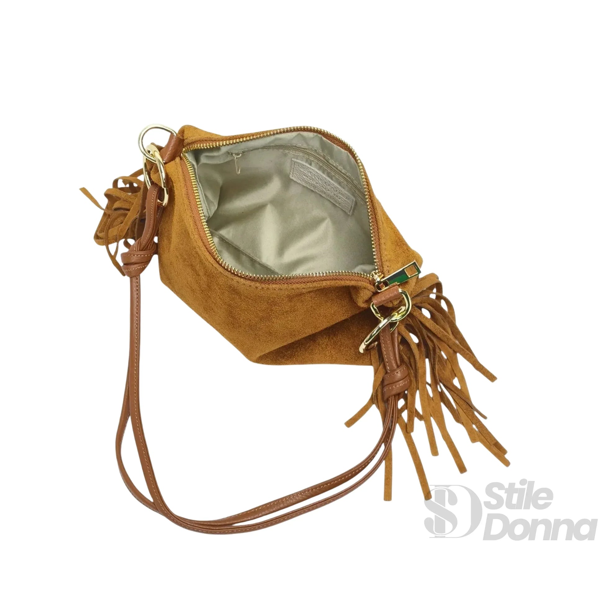 Stile Donna borsa a tracolla Camilla Boho pelle scamosciata con frange – interno e tasche