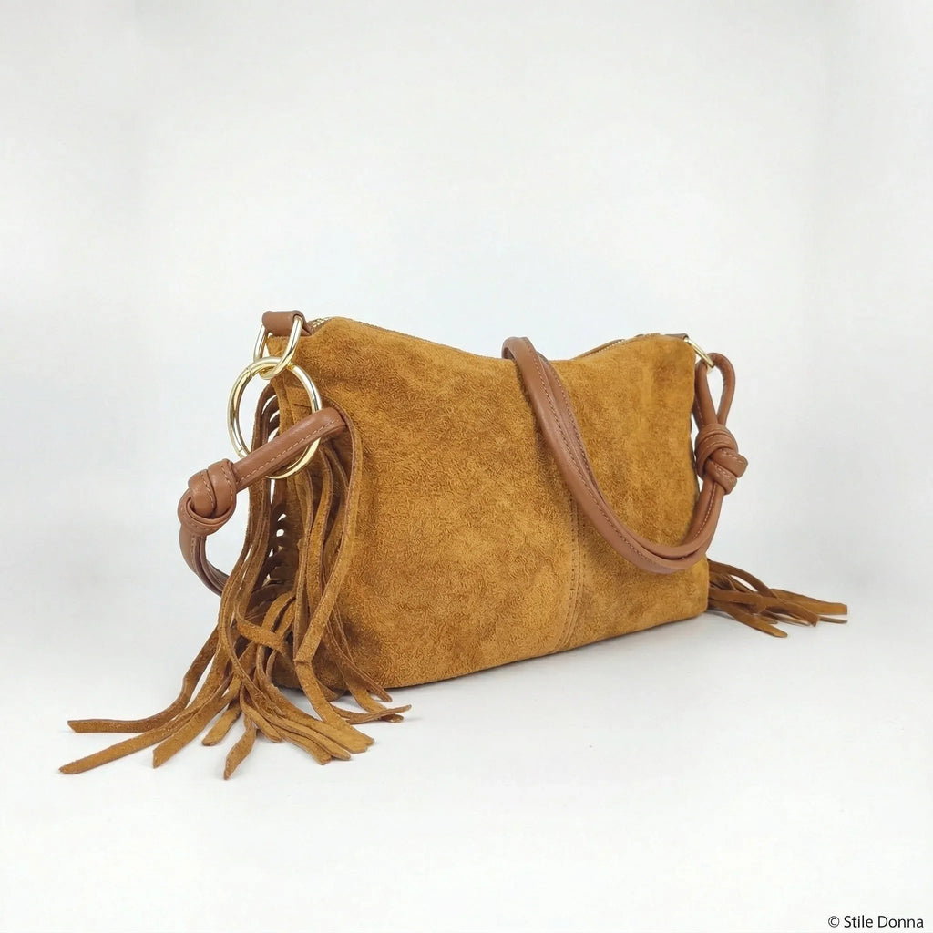 Stile Donna borsa a tracolla Camilla Boho pelle scamosciata con frange – vista laterale