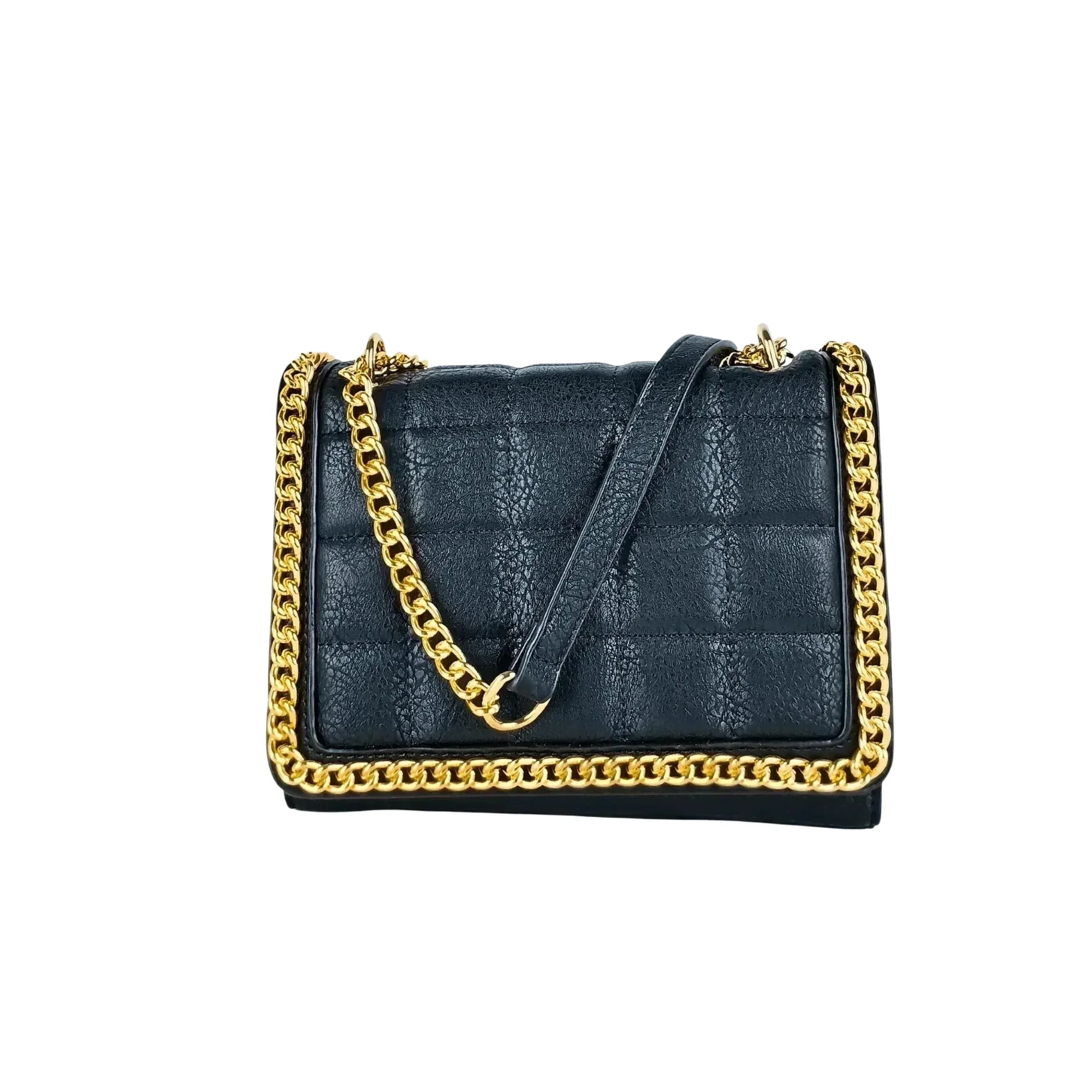 Stile Donna borsa a tracolla ecopelle nera trapuntata con catena dorata donna – vista frontale