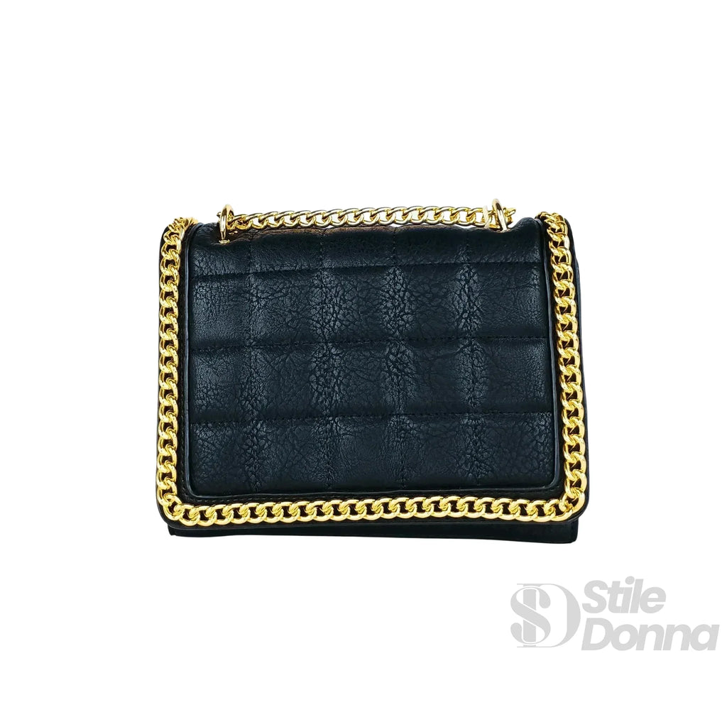 Stile Donna borsa a tracolla ecopelle nera trapuntata con catena dorata – vista laterale