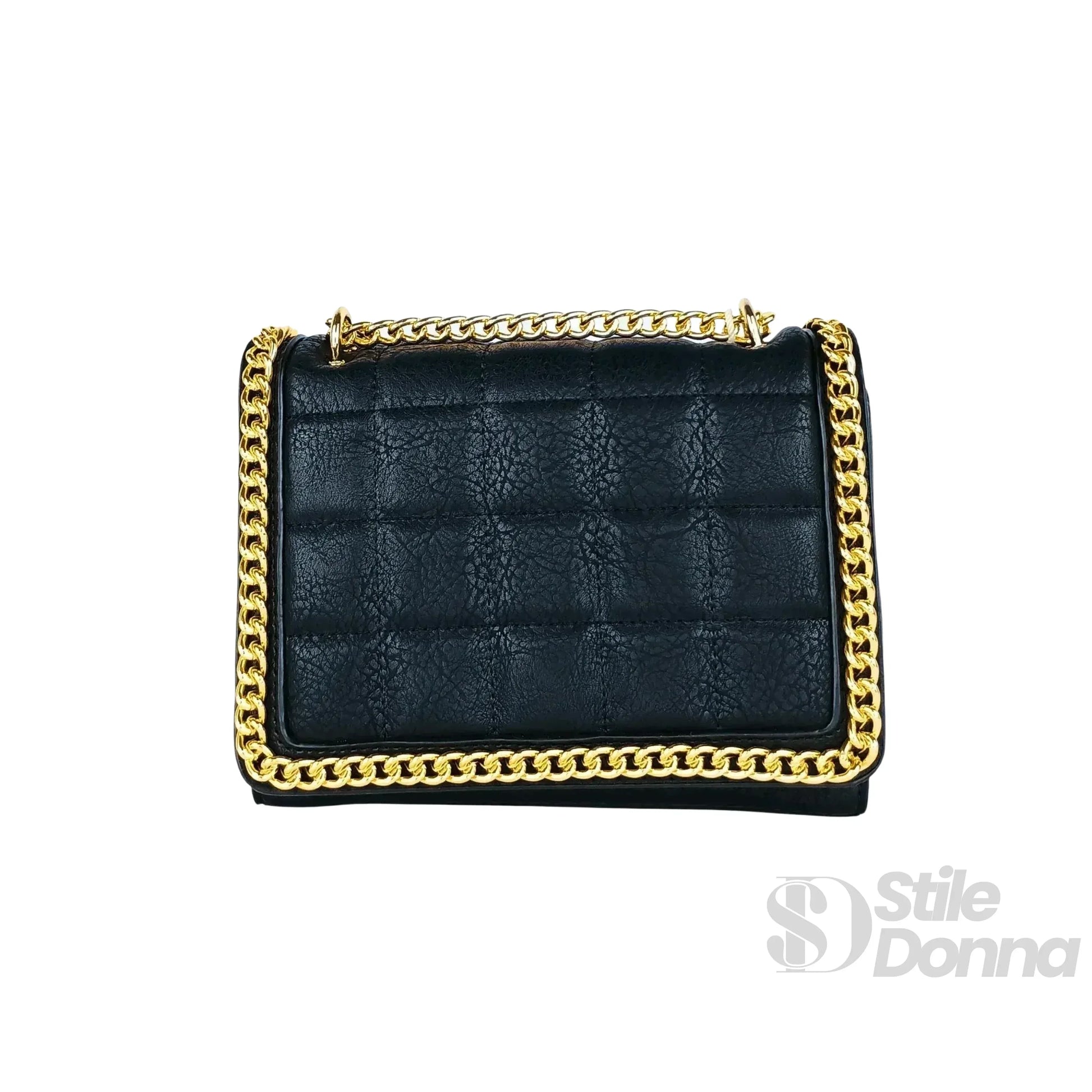 Stile Donna borsa a tracolla ecopelle nera trapuntata con catena dorata – vista laterale