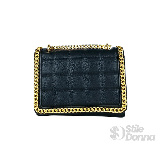 Stile Donna borsa a tracolla ecopelle nera trapuntata con catena dorata – vista laterale