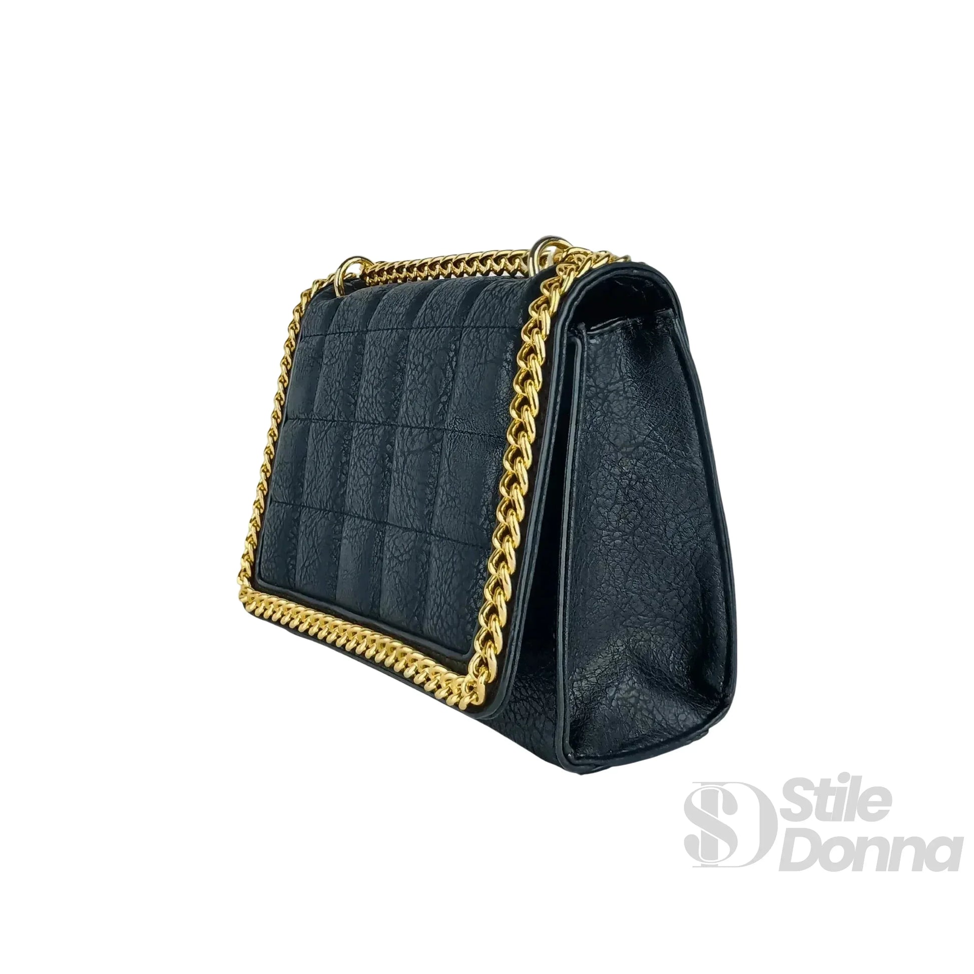 Stile Donna borsa a tracolla ecopelle nera trapuntata catena dorata – dettaglio esterno