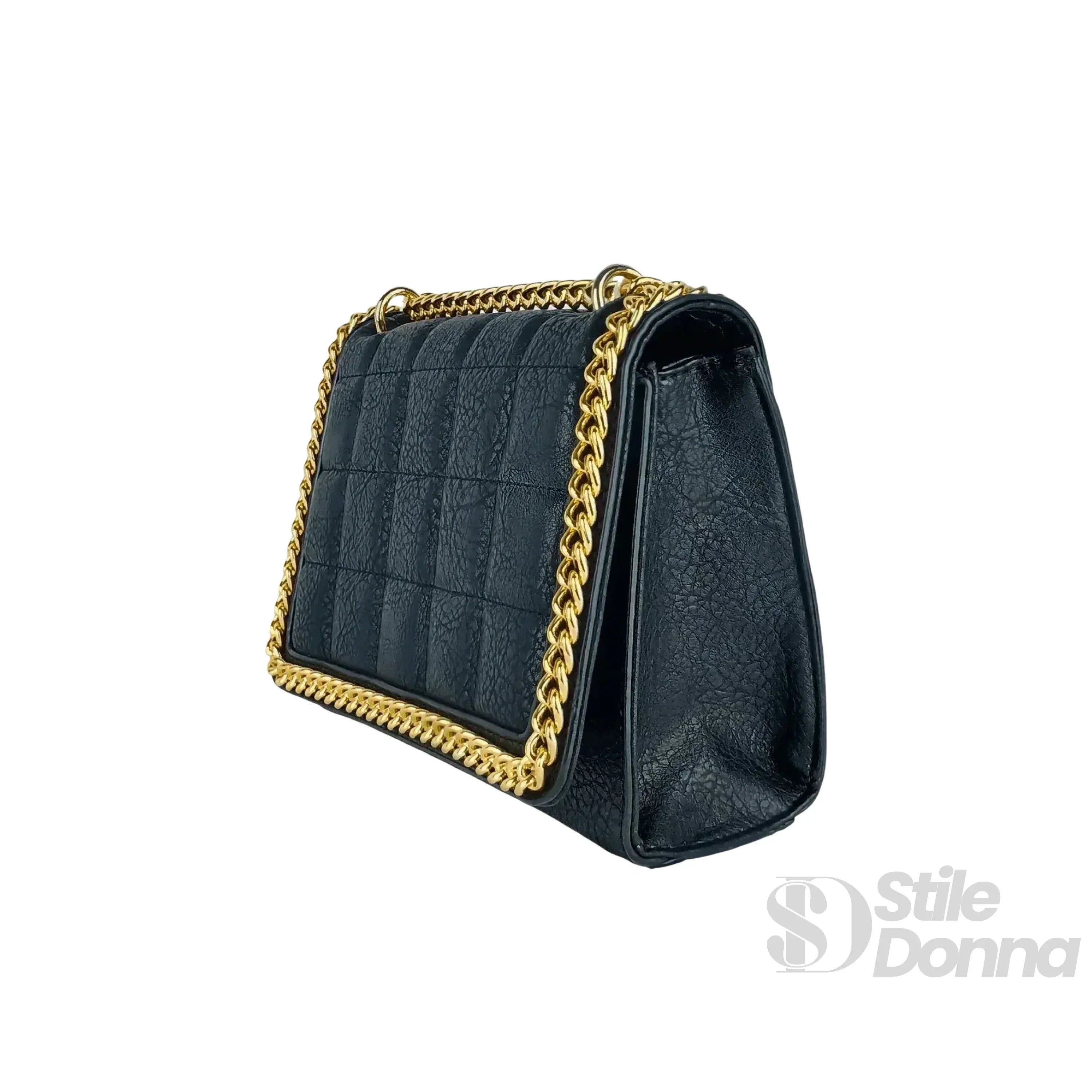 Stile Donna borsa a tracolla ecopelle nera trapuntata catena dorata – dettaglio esterno