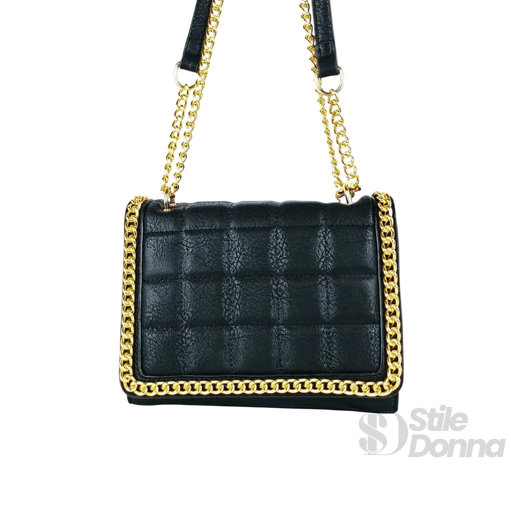 Stile Donna borsa a tracolla ecopelle nera trapuntata catena dorata – vista posteriore