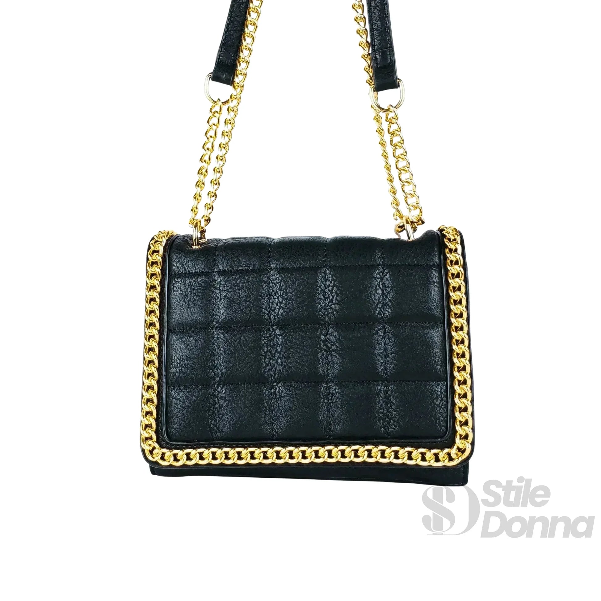Stile Donna borsa a tracolla ecopelle nera trapuntata catena dorata – vista posteriore