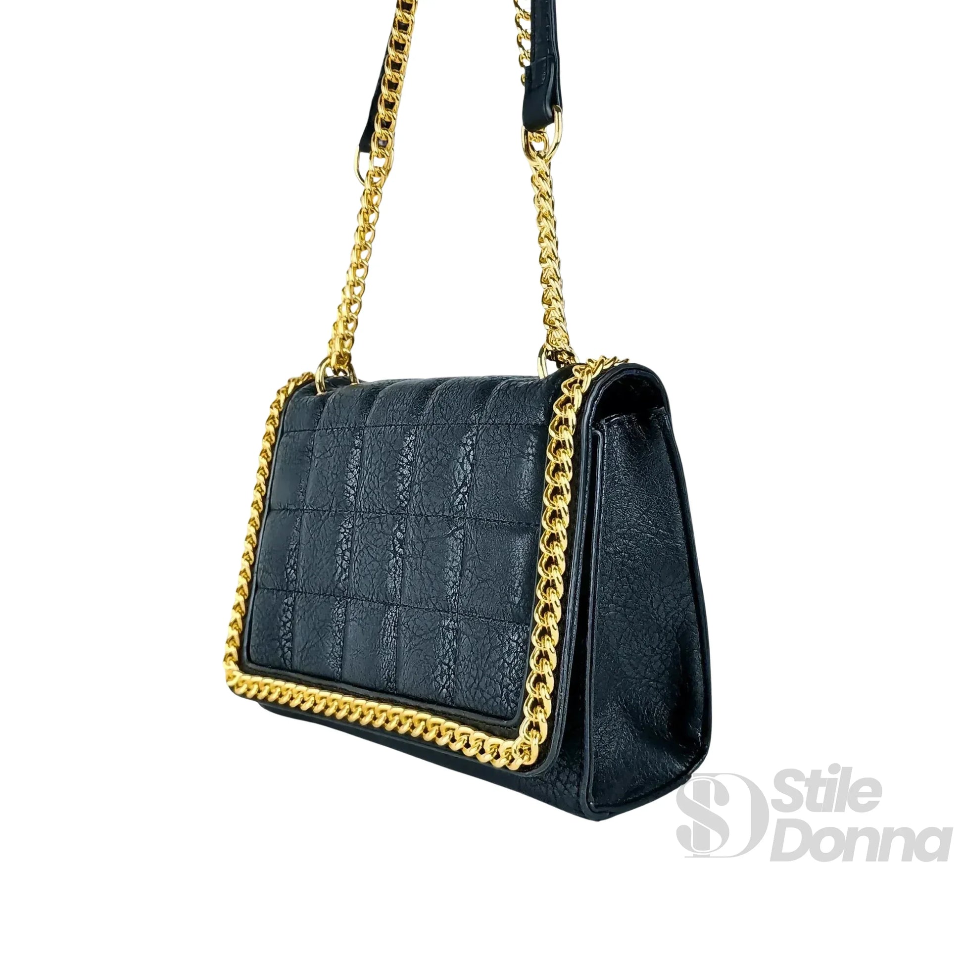 Stile Donna borsa a tracolla ecopelle nera trapuntata catena dorata – interno e tasche