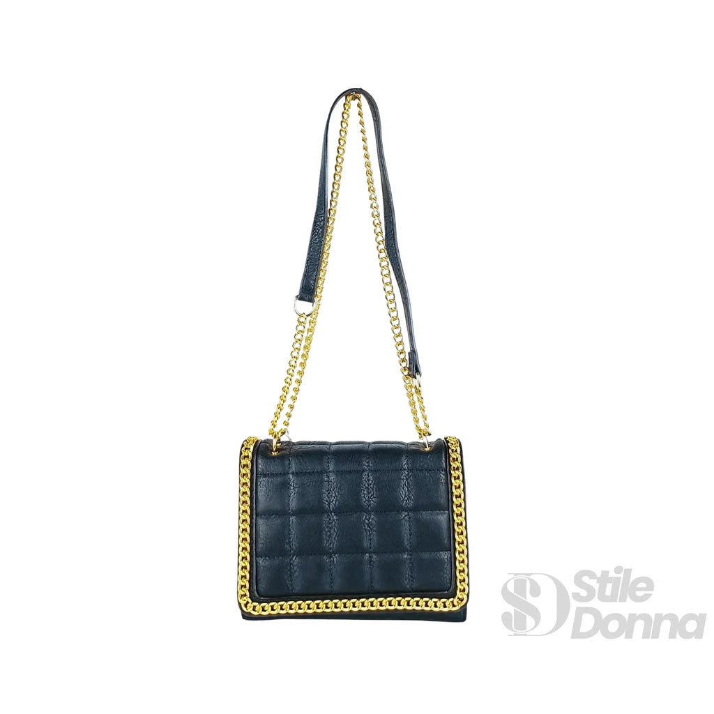 Stile Donna borsa a tracolla ecopelle nera trapuntata catena dorata – dettaglio manico