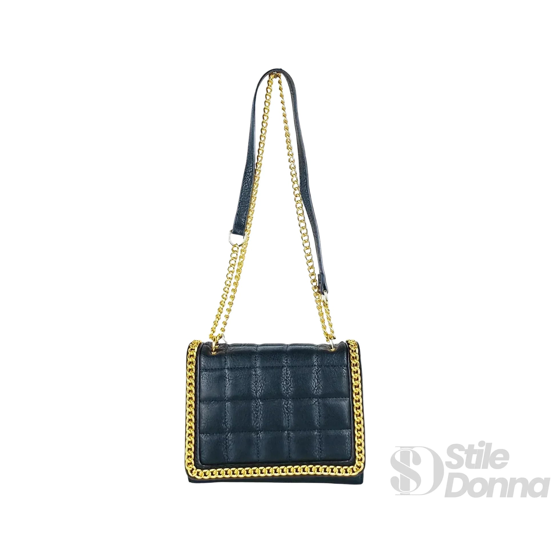 Stile Donna borsa a tracolla ecopelle nera trapuntata catena dorata – dettaglio manico